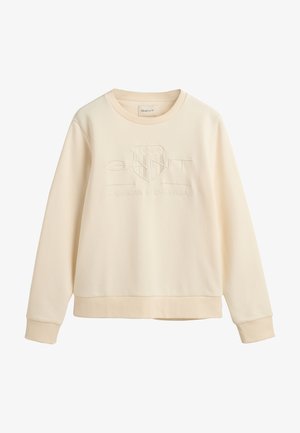 Crèmekleurige sweatshirt met een geribbelde ronde hals, zachte katoen, reliëf GANT-logo en een ontspannen pasvorm.