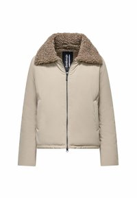 Giacca puffer beige con colletto marrone peloso, chiusura con zip e tasche laterali. Tessuto esterno liscio con una consistenza leggermente imbottita.