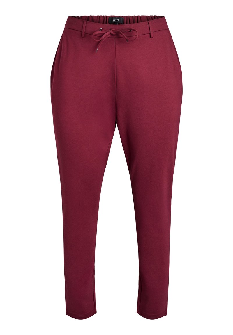 Pantalons de jogging bordeaux en tissu doux, avec une taille élastique à cordon de serrage, des poches latérales et des jambes fuselées.