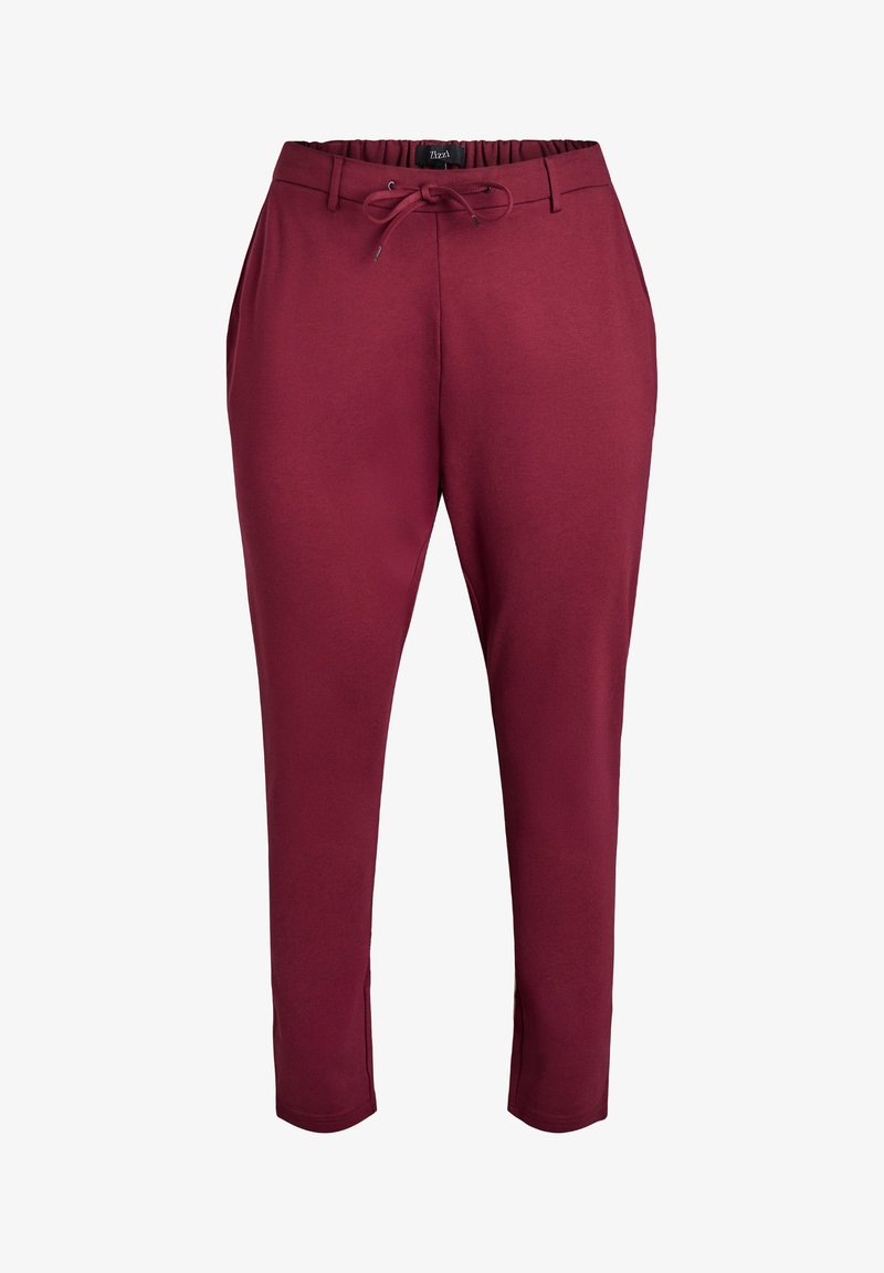 Pantalons de jogging bordeaux en tissu doux, avec une taille élastique à cordon de serrage, des poches latérales et des jambes fuselées.
