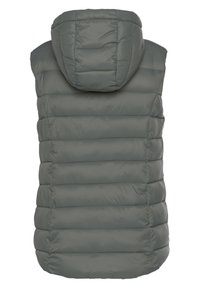 Bestickte ärmellose Weste in dunkelgrauer Farbe mit Kapuze. Verfügt über horizontale Nähte und eine glatte, puffige Textur.