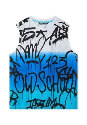 Canottiera bianca senza maniche con un gradiente blu, decorata con grandi testi in stile graffiti neri e pattern a goccia. Realizzata in materiale sintetico.