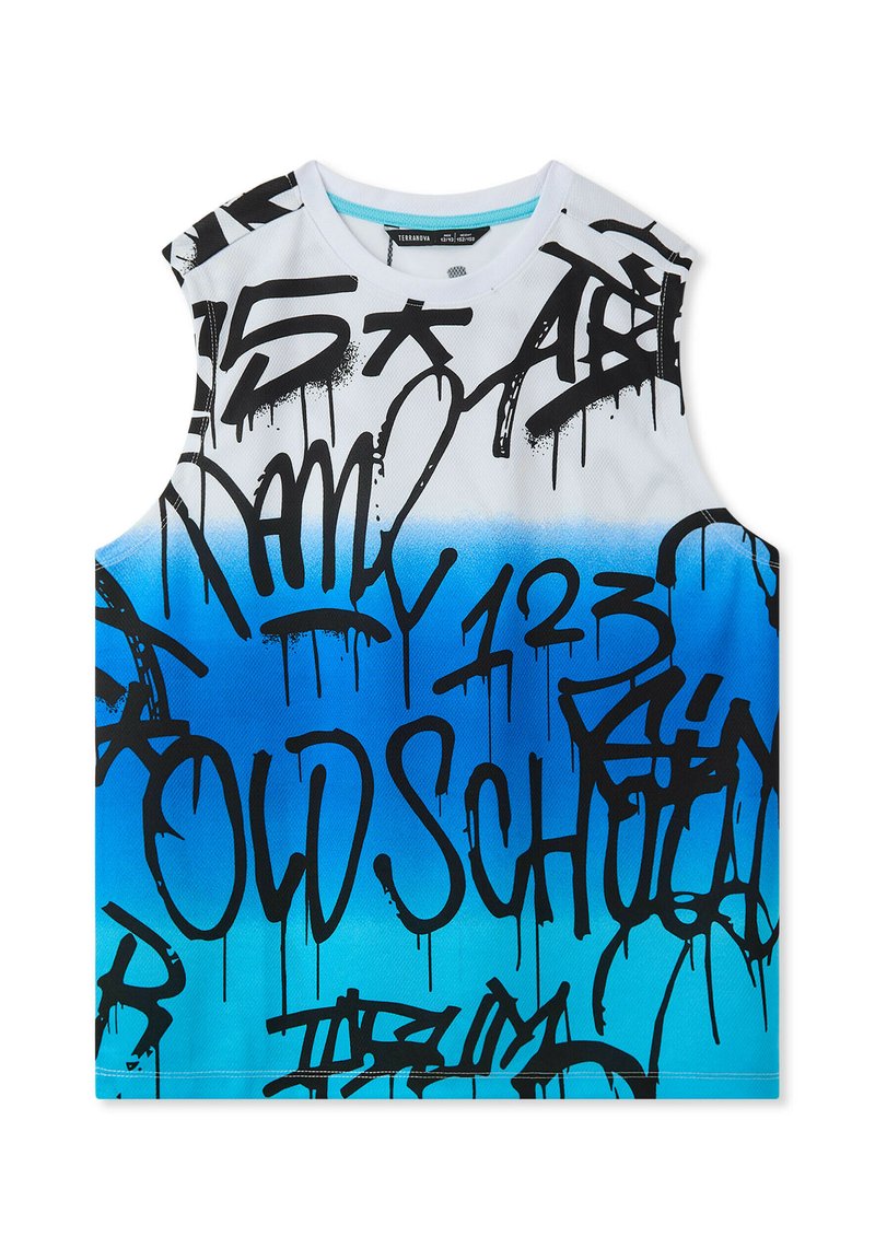 Canottiera bianca senza maniche con un gradiente blu, decorata con grandi testi in stile graffiti neri e pattern a goccia. Realizzata in materiale sintetico.