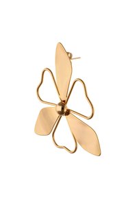 Arany virág alakú fülbevaló középen gömb alakú résszel és négy ívelt szirmokkal. Simább felület, fényes bevonattal. Pillangó zár.