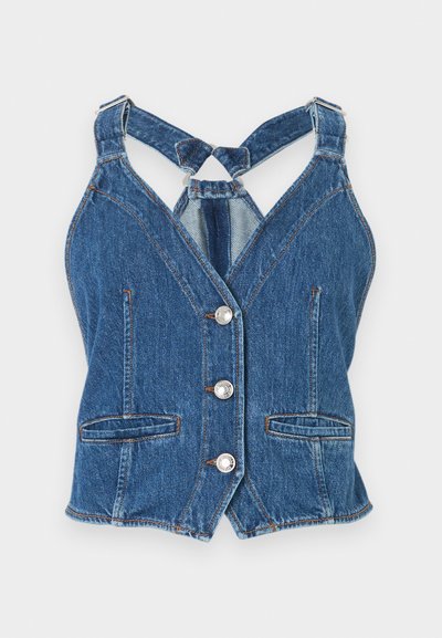 Μπλε denim αμάνικο γιλέκο με κουμπιά στο μπροστινό μέρος, δύο μικρές τσέπες και σταυρωτές ράντες στην πλάτη με ρυθμιζόμενες αγκράφες.