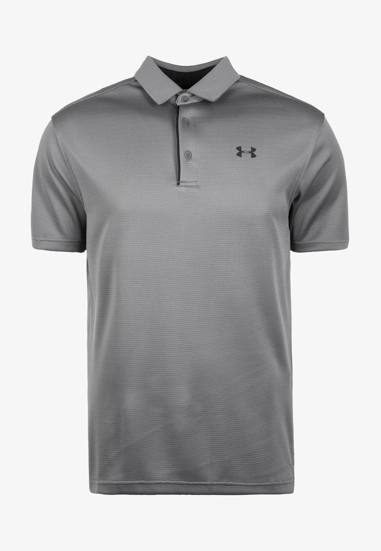 Gray polo shirt made from textured fabric. Features a classic collar and three-button placket. Black logo on the left chest.