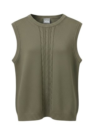 Gilet verde oliva lavorato a maglia senza maniche con scollatura rotonda e motivo centrale a trecce. Orlo e aperture braccio a costine.