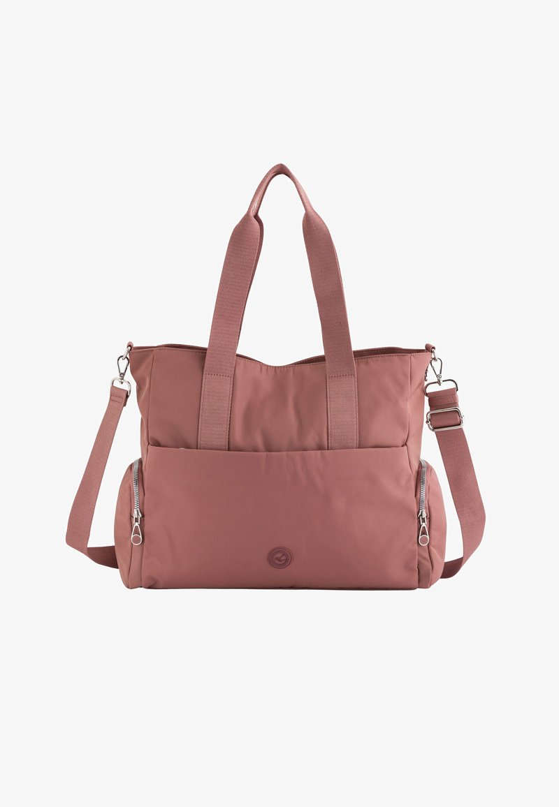 Sac fourre-tout en nylon rose avec doubles poignées et bandoulière réglable, présentant une poche zippée à l'avant et un design de fond arrondi.