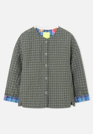 Giacca con bottoni, motivo a quadri grigio e verde scuro, maniche lunghe, scollo rotondo, e fodera interna colorata con motivo floreale e plaid sui polsini e sul colletto.