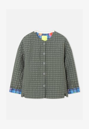 Giacca con bottoni, motivo a quadri grigio e verde scuro, maniche lunghe, scollo rotondo, e fodera interna colorata con motivo floreale e plaid sui polsini e sul colletto.