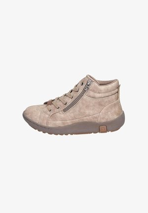 Zapatillas de cuero beige de caña alta con cierre de cordones y cremallera lateral, puntera redondeada y suela de goma texturizada. Logo sutil en el talón.