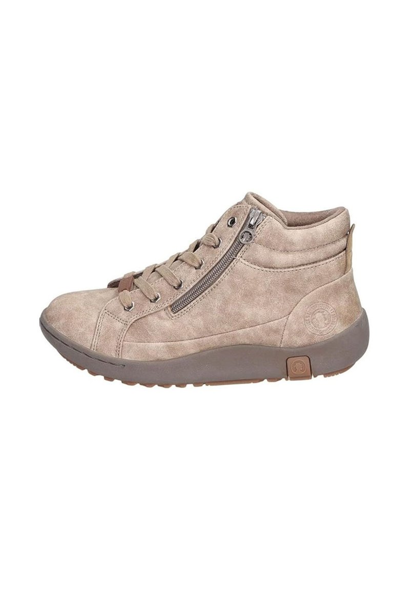 Zapatillas de cuero beige de caña alta con cierre de cordones y cremallera lateral, puntera redondeada y suela de goma texturizada. Logo sutil en el talón.