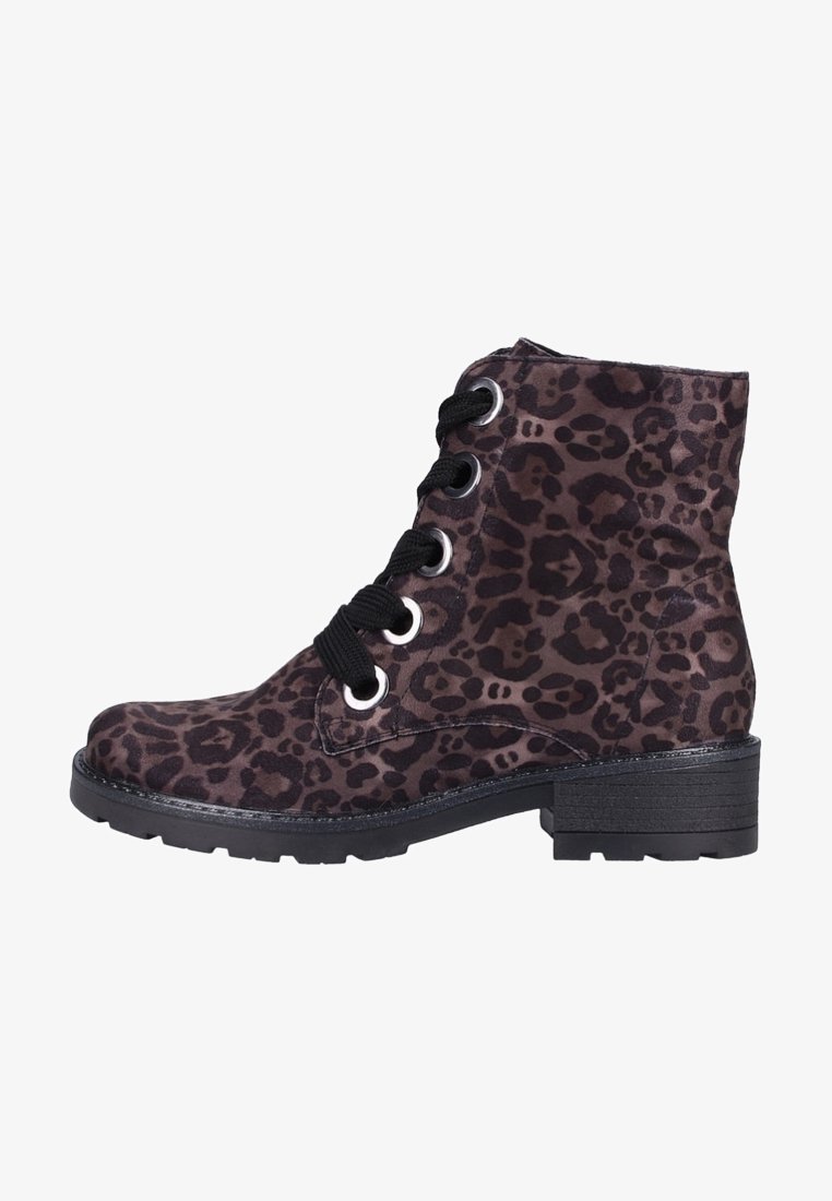 Bottine à lacets avec imprimé léopard noir et marron foncé, lacets noirs épais, talon épais et semelle texturée.