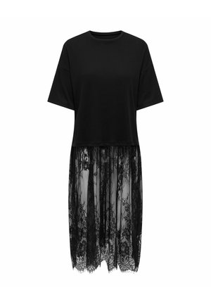 Musta lyhythihainen mekko, jonka yläosa on yhtenäinen ja alaosa fallsaa hieman polven alapuolelle läpikuultavasta kukallisesta pitsistä.