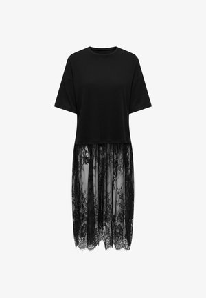 Mustast lühikeste varrukatega kleit, mille ülemine pool on ühtlane ja alumine pool laiub vööst allapoole läbipaistva lillelise pitsseelikuna.