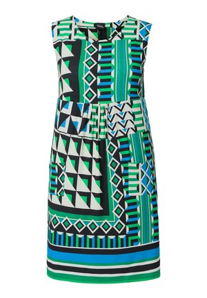 Bezruké šaty délky ke kolenům s geometrickými vzory v černé, zelené, modré a bílé barvě, s dvěma předními kapsami a kulatým výstřihem.