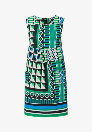 Ärmeløs knælængde kjole med geometriske mønstre i sort, grøn, blå og hvid, med to forlommer og rund halsudskæring.
