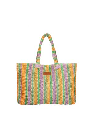 Borsa tote in tessuto a righe con strisce verticali arancioni, verdi e viola e due manici abbinati.
