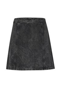 Fustă din denim negru, în formă de A, cu o textură decolorată, cusături vizibile și o talie. Prezintă un design simplu și clasic, fără buzunare.