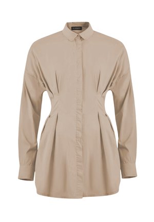 Beige Langarmshirt mit Knopfleiste, klassischem Kragen und gerafften Nähten an der Taille für einen lässigen Sitz.