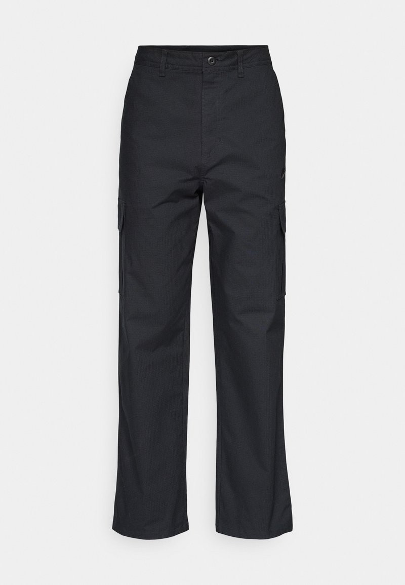 Pantalons cargo noirs avec une coupe droite, dotés de poches latérales et d'un tissu texturé. Fermeture par bouton à la taille pour un maintien sécurisé.