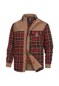Geruite shirtjacket in rood, zwart en bruin. Beschikt over een corduroy bovenkant en een zachte voering. Inclusief twee voorkwaliteiten en drukknopen.