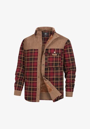 Karierte Hemdjacke in Rot, Schwarz und Beige. Besitzt ein Obermaterial aus Cord und ein weiches Futter. Hat zwei Vordertaschen und Druckknopfverschlüsse.