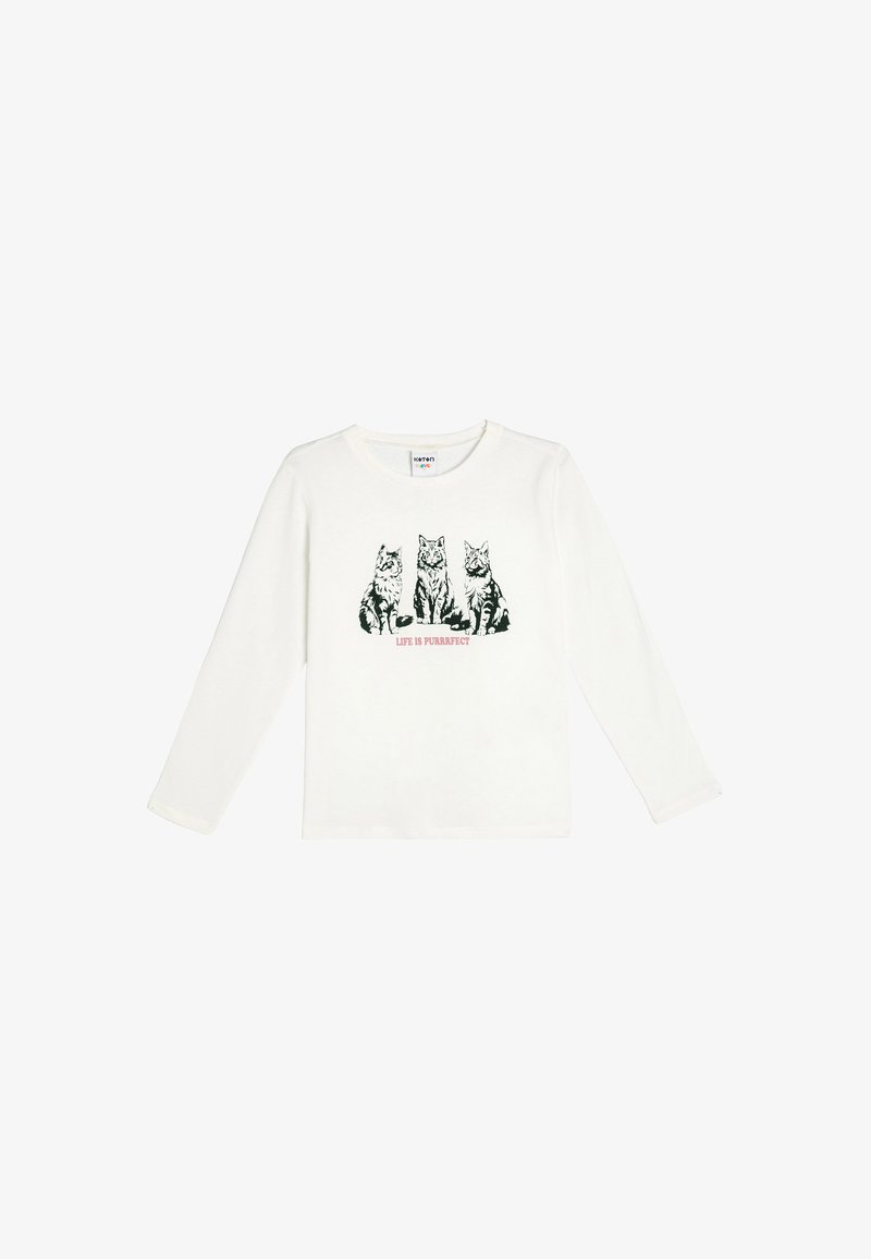 Witte langemouwen T-shirt van katoen met een grafisch ontwerp van drie katten en de tekst "LIFE IS PURRFECT" in het roze onder het ontwerp.