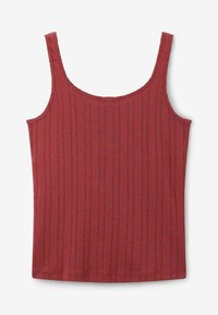 Rode geribde tanktop met dunne bandjes, met een zachte textuur en een aansluitend ontwerp. Geen opvallende patronen of accenten. Eenvoudige en minimalistische stijl.