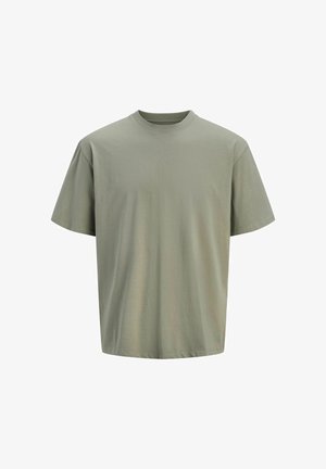 Kortærmet t-shirt med rund hals i afdæmpet olivengrøn bomuldsstof. Har en afslappet pasform og en glat tekstur uden mønstre eller udsmykninger.