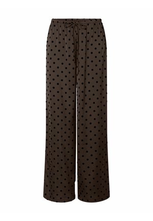 Pantaloni a gamba larga marroni con pois neri, dotati di una vita elastica e cordoncino regolabile. Tessuto morbido con una texture liscia.