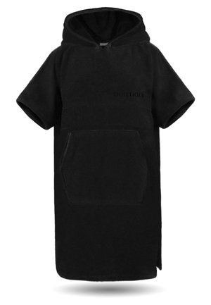 Black hooded poncho made of soft, textured fabric. Features short sleeves and a large front pocket. Logo displayed on the chest area.