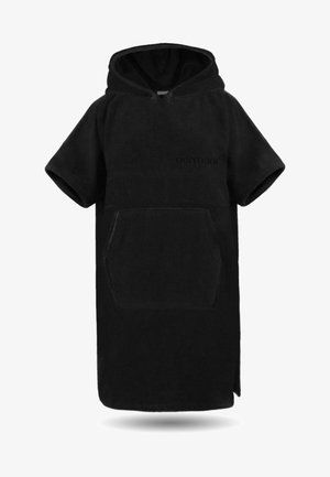 Schwarzer Kapuzenponcho aus weichem, strukturiertem Stoff. Verfügt über kurze Ärmel und eine große Fronttasche. Logo im Brustbereich angebracht.