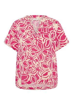 Trumpomis rankovėmis viršus rožinės ir kreminės gėlių raštu, su V formos iškirpte ir laisvo stiliaus. Pagamintas iš lengvos medžiagos, idealiai tinkamas laisvalaikio drabužiams.