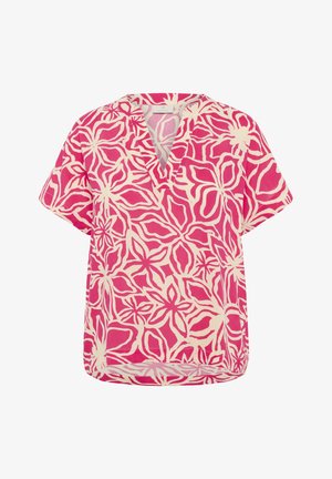 Short-sleeved top in pink and cream floral pattern, featuring a V-neck and relaxed fit. Made from lightweight fabric, ideal for casual wear.