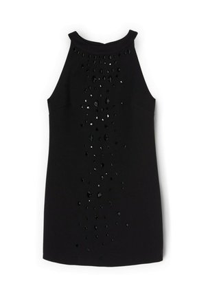Czarna sukienka bez rękawów z wysokim dekoltem, ozdobiona spływającym wzorem czarnych kamieni szlachetnych z przodu, nadającym fakturę i wizualne urozmaicenie.