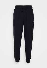Black jogger pants with elastic waistband and drawstring, cuffed ankles, and small white logo on the right thigh.