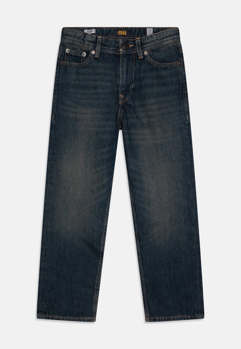 Tummansiniset farkut suoran lahjelineen. Ominaisuuksiin kuuluvat näkyvät saumat, viisi taskua ja nappikiinnitys. Sileä rakenne.