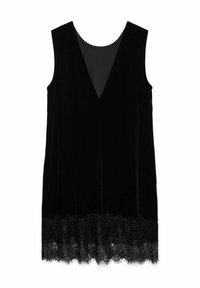 Svart sammetsklänning med V-ringning, ärmlös design, som har en genomskinlig spetskant i nederkant och en jämn, strukturerad yta.