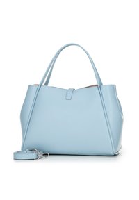 Jasnoniebieska skórzana torebka o skośnym kształcie, gładkiej fakturze, podwójnych uchwytach i odpinanym pasku na ramię. Prosty akcent w projekcie.
