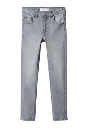 Grå denim skinny jeans med en figurnära design, fem fickor, knappstängning och subtilt slitdetalj på tyget.