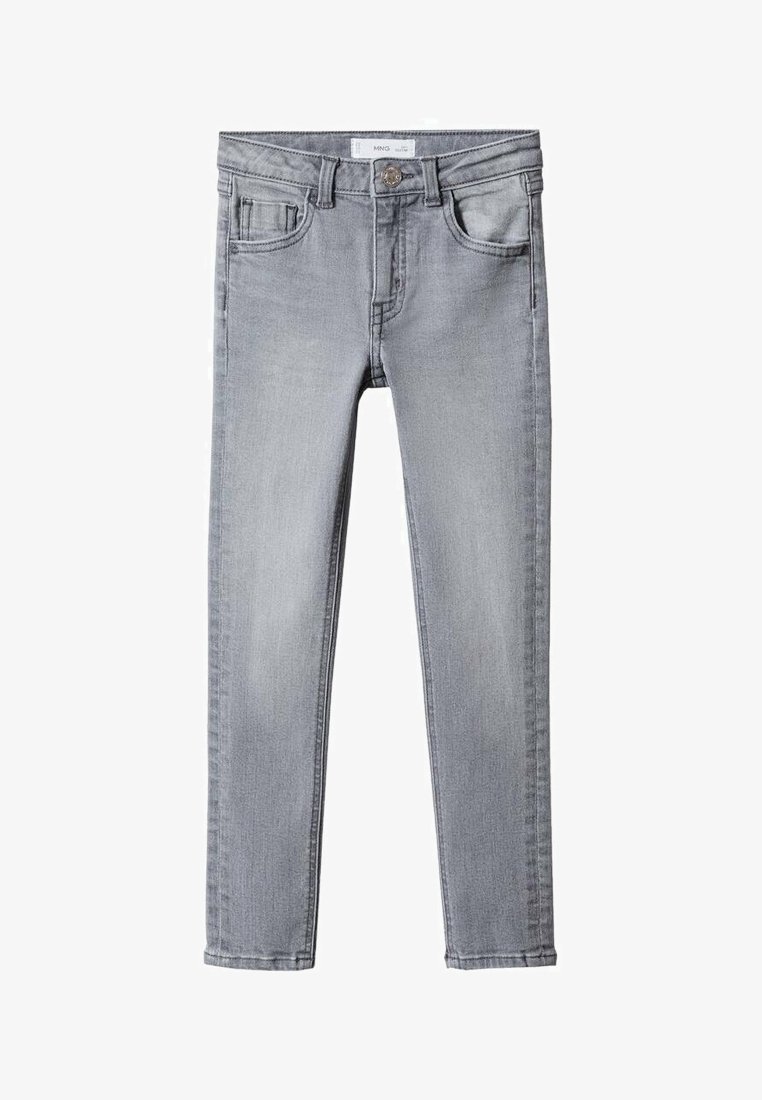 Gray denim skinny jeans with a fitted design, five pockets, button closure, and subtle fading detail on the fabric.