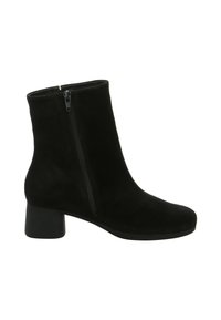 Schwarze Wildleder-Ankle-Boots mit glatter Oberfläche, runder Spitze und seitlichem Reißverschluss. Mit einem stabilen, massiven schwarzen Absatz für zusätzlichen Halt.