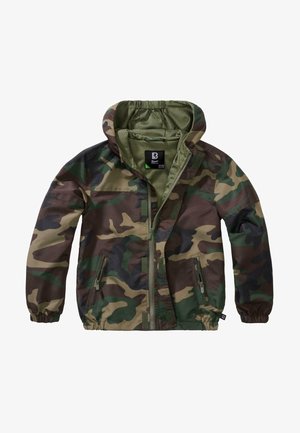 Camouflage-takki hupulla, jossa on vihreä ja ruskea kuvio, joustavat hihansuut, etuvetoketju ja verkkovuori.