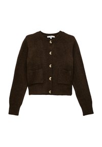 Brun strikket cardigan med rund halsudskæring, seks knaplukninger og to forlommer. Blød tekstur med en cropped design.