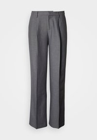 Γκρι παντελόνι σχεδιασμένο με επίπεδη μπροστινή όψη, ίσια μπατζάκια και λεπτή υφή· διαθέτει πλαϊνές τσέπες και λείο ζωνάρι.