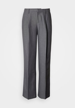 Γκρι παντελόνι σχεδιασμένο με επίπεδη μπροστινή όψη, ίσια μπατζάκια και λεπτή υφή· διαθέτει πλαϊνές τσέπες και λείο ζωνάρι.