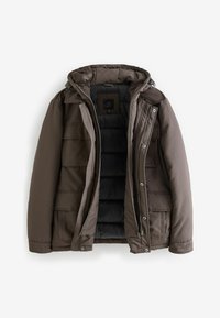 Braune gepolsterte Jacke mit abnehmbarer Kapuze, Reißverschluss und Druckknopfverschlüssen sowie zwei Fronttaschen. Gefüttert mit schwarzem Stoff und mit gestepptem Muster.