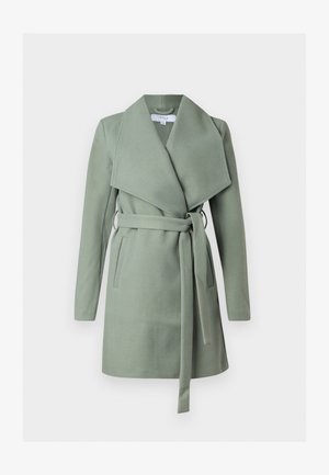 Green wool blend coat with a belted waist, wide lapels, and pocket details. Features long sleeves and a straight cut design.