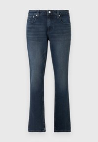 Tmavomodré džínsy z denimu s jemným vyblednutím na stehnách, rovný strih nohavíc, zapínanie na predný gombík a dizajn s piatimi vreckami.